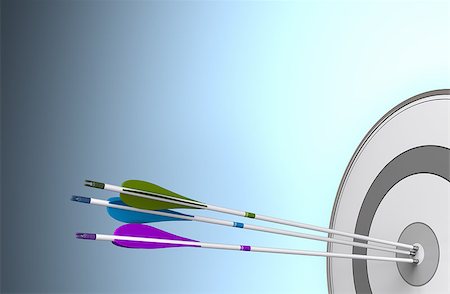 simsearch:400-05351133,k - Three arrows hitting the center of a target. Image over a blue background with free space for text Foto de stock - Royalty-Free Super Valor e Assinatura, Número: 400-07124863