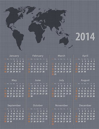 simsearch:400-07209568,k - Stylish calendar 2014 world map linen texture. Sundays first. Vector illustration Stock Photo - Budget Royalty-Free & Subscription, Code: 400-07125102