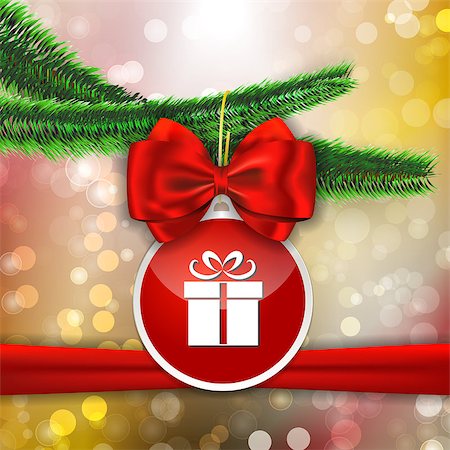 eve - Red bow and red sticker with gift sign hanging on Christmas tree on bokeh abstract background. Vector illustration Stock Photo - Budget Royalty-Free & Subscription, Code: 400-07125423