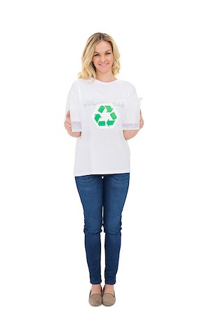 Smiling blonde volunteer holding recycling box on white background Stock Photo - Budget Royalty-Free & Subscription, Code: 400-07126847