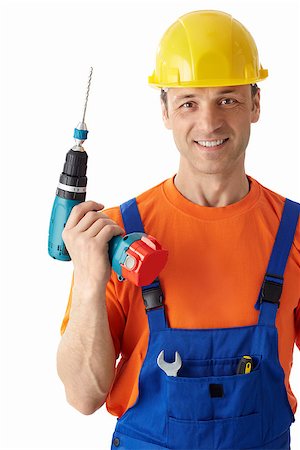 simsearch:400-07165423,k - Builder in helmet with a drill on a white background Foto de stock - Royalty-Free Super Valor e Assinatura, Número: 400-07123318
