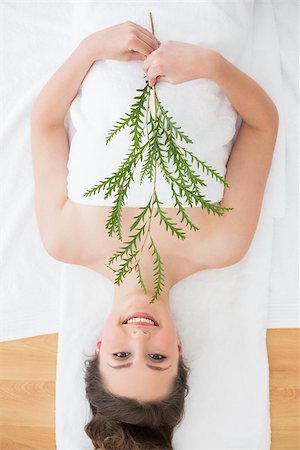 simsearch:400-07136331,k - Overhead portrait of a young brunette lying with leaves on massage table in beauty salon Photographie de stock - Aubaine LD & Abonnement, Code: 400-07136276