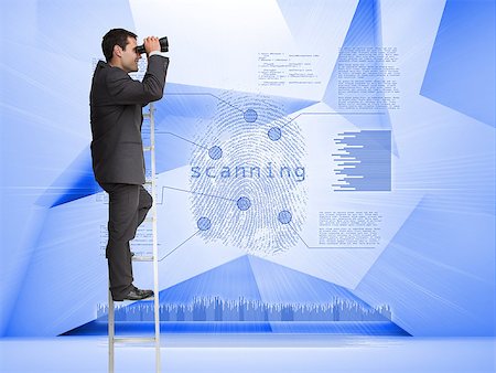 simsearch:400-07138128,k - Businessman looking through binoculars to holographic finger print on blue background Stock Photo - Budget Royalty-Free & Subscription, Code: 400-07138061