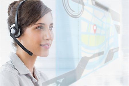 simsearch:400-07138128,k - Pleased call center employee using futuristic street map interface hologram in bright office Stock Photo - Budget Royalty-Free & Subscription, Code: 400-07138110
