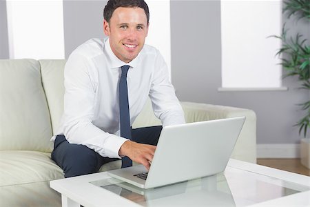 simsearch:400-07274613,k - Cheerful handsome businessman working at laptop in bright living room Stock Photo - Budget Royalty-Free & Subscription, Code: 400-07139178