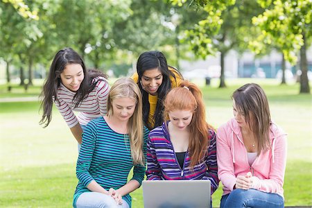 Group of young college girls using laptop in the park Stock Photo - Budget Royalty-Free & Subscription, Code: 400-07142617