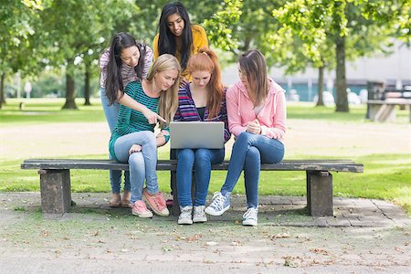 Group of young college girls using laptop in the park Stock Photo - Budget Royalty-Free & Subscription, Code: 400-07142619