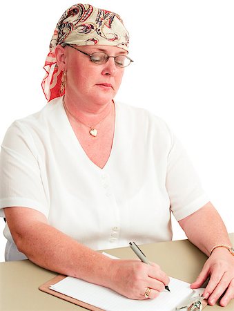 Woman undergoing chemotherapy for cancer is back at work.  White background. Photographie de stock - Aubaine LD & Abonnement, Code: 400-07165106