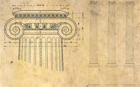 detail of ionic column and three columns on background of ancient paper Fotografie stock - Microstock e Abbonamento, Codice: 400-07165654