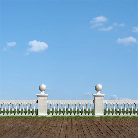 simsearch:400-07038923,k - Classic balustrade with pedestal and old wooden floor in a sunny day - rendering Stock Photo - Budget Royalty-Free & Subscription, Code: 400-07165727