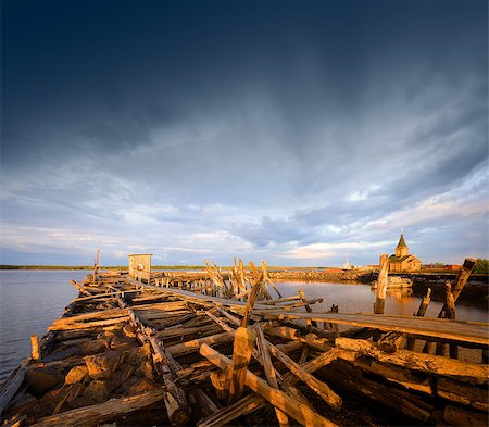 Old wooden pier at sunset.  White Sea, Karelia, Russia Stock Photo - Budget Royalty-Free & Subscription, Code: 400-07166078