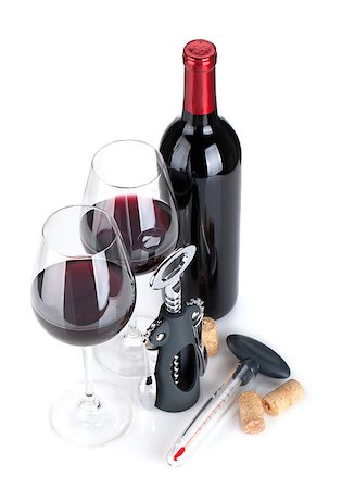 simsearch:400-06796159,k - Red wine bottle, glasses, corkscrew, corks and thermometer. Isolated on white background Stock Photo - Budget Royalty-Free & Subscription, Code: 400-07166546