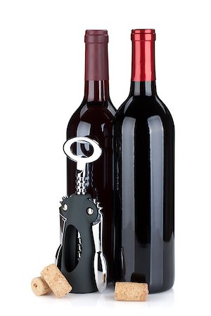 simsearch:400-06796159,k - Two red wine bottles, corks and corkscrew. Isolated on white background Stock Photo - Budget Royalty-Free & Subscription, Code: 400-07166547