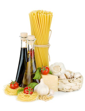 simsearch:400-06796271,k - Pasta, tomatoes, basil, olive oil, vinegar, garlic and parmesan cheese. Isolated on white background Stock Photo - Budget Royalty-Free & Subscription, Code: 400-07166670