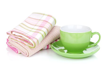 simsearch:689-03128420,k - Green coffee cup and kitchen towels. Isolated on white background Fotografie stock - Microstock e Abbonamento, Codice: 400-07167112