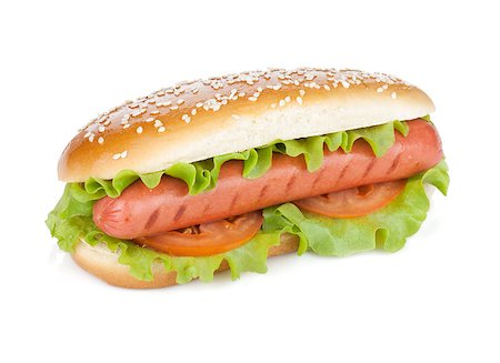 simsearch:400-04290264,k - Hot dog with lettuce and tomato slices. Isolated on white background Stockbilder - Microstock & Abonnement, Bildnummer: 400-07167125