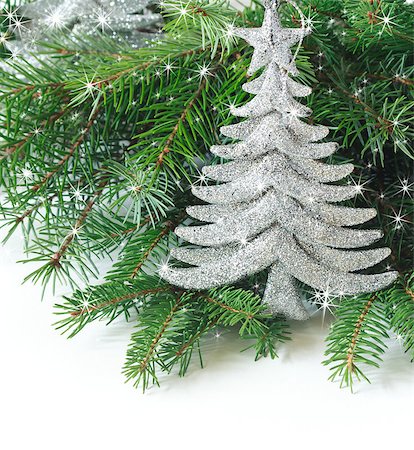 simsearch:400-04546543,k - Silver Christmas tree and spruce branches. Foto de stock - Royalty-Free Super Valor e Assinatura, Número: 400-07167377