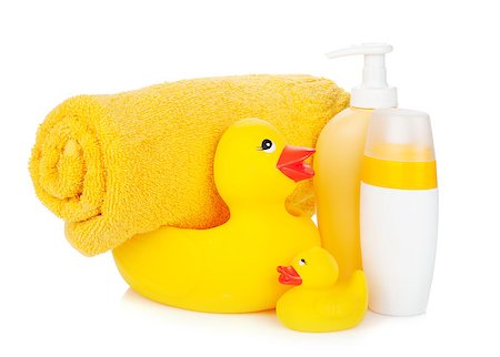 plastic toy family - Rubber duck with bath towel and bottles. Isolated on white background Stock Photo - Budget Royalty-Free & Subscription, Code: 400-07167578