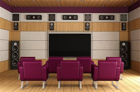 elegant tv room - Contemporary home theater room with purple armchair and wooden panels - rendering Stock Photo - Budget Royalty-Free & Subscription, Code: 400-07167974