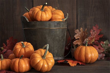 simsearch:400-04008520,k - Tiny pumpkins in wooden bucket on table Stock Photo - Budget Royalty-Free & Subscription, Code: 400-07168718