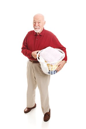 simsearch:640-03260502,k - Senior man holding a basket of laundry and detergent.  Full body isolated. Stock Photo - Budget Royalty-Free & Subscription, Code: 400-07174153
