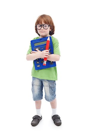 Boy genius concept - cute child with large pencil, calculator and eyeglasses, isolated Stock Photo - Budget Royalty-Free & Subscription, Code: 400-07174169