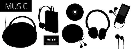 Vector silhouettes of tools to listen to music. Stock Photo - Budget Royalty-Free & Subscription, Code: 400-07174183