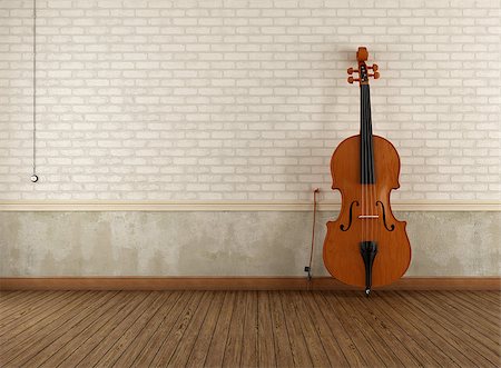 Double-bass  leaning against a brick wall in an empty room Stock Photo - Budget Royalty-Free & Subscription, Code: 400-07174437