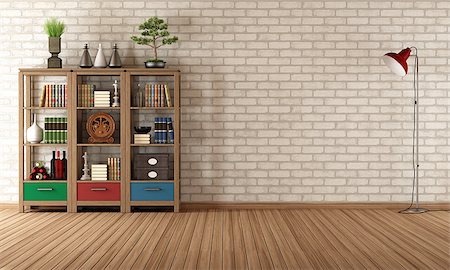 Empty living room with vintage bookcase - rendering Stock Photo - Budget Royalty-Free & Subscription, Code: 400-07174431