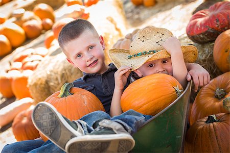 simsearch:400-07179959,k - Two Little Boys Playing in Wheelbarrow at the Pumpkin Patch in a Rustic Country Setting. Stockbilder - Microstock & Abonnement, Bildnummer: 400-07174831