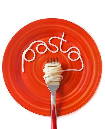 simsearch:400-04341378,k - Spaghetti word on a red plate with fork. Fotografie stock - Microstock e Abbonamento, Codice: 400-07175507