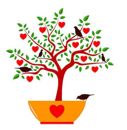 vector heart tree in pot and birds isolated on white background, Adobe Illustrator 8 format Stock Photo - Budget Royalty-Free & Subscription, Code: 400-07175759