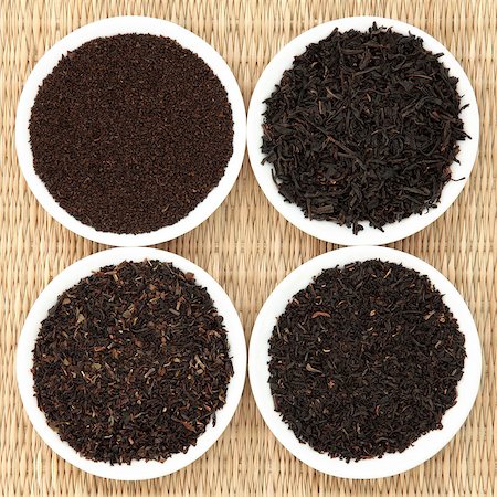darjeeling tea - Tea leaf selection of assam, darjeeling, earl grey and breakfast, left to right clockwise. Stock Photo - Budget Royalty-Free & Subscription, Code: 400-07175932