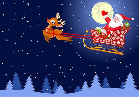 reindeer clip art - Santa Claus flying his sleigh through the night sky. Stock Photo - Budget Royalty-Free & Subscription, Code: 400-07175979