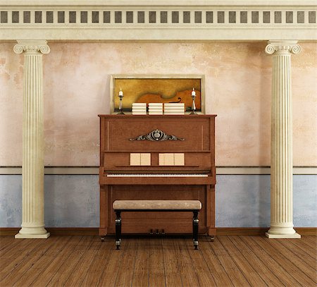 Classic music room with vertical piano - rendering - the art picture on piano is a my rendering image Foto de stock - Super Valor sin royalties y Suscripción, Código: 400-07176397