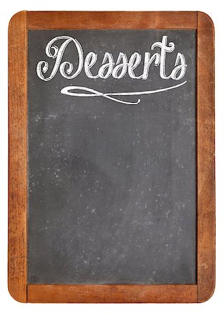 desserts - vintage slate blackboard in wood frame  with white chalk smudges used a restaurant menu Foto de stock - Super Valor sin royalties y Suscripción, Código: 400-07176429