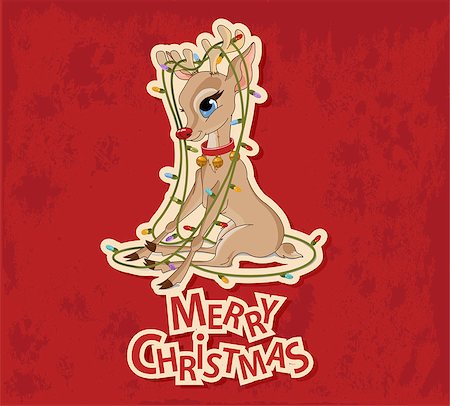 Christmas Reindeer tangled in a Christmas lights garland. Greeting card Stock Photo - Budget Royalty-Free & Subscription, Code: 400-07176582