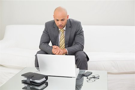 Serious elegant young businessman looking at laptop with diary on table at home Stock Photo - Budget Royalty-Free & Subscription, Code: 400-07177598