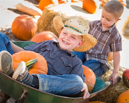 simsearch:400-07173780,k - Two Little Boys Playing in Wheelbarrow at the Pumpkin Patch in a Rustic Country Setting. Stockbilder - Microstock & Abonnement, Bildnummer: 400-07179040