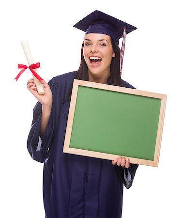simsearch:400-04125503,k - Happy Graduating Mixed Race Female Wearing Cap and Gown Holding a Blank Chalkboard and Diploma Isolated on a White Background. Photographie de stock - Aubaine LD & Abonnement, Code: 400-07179051