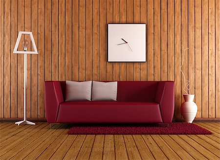 simsearch:400-08554639,k - Modern red sofa in a wooden room - rendering Stock Photo - Budget Royalty-Free & Subscription, Code: 400-07179099