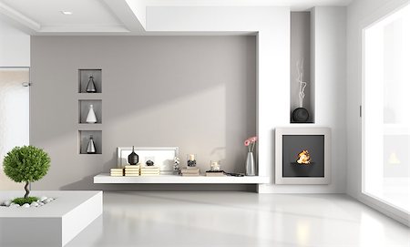 Minimalist living room with niche fireplace - rendering Stock Photo - Budget Royalty-Free & Subscription, Code: 400-07179100