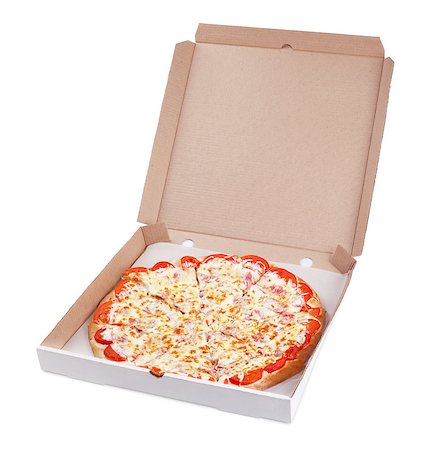 simsearch:400-08107342,k - Delicious italian pizza in cardboard box isolated on white with clipping path Stock Photo - Budget Royalty-Free & Subscription, Code: 400-07179119