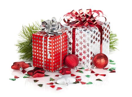 simsearch:400-07450793,k - Two gift boxes and christmas decor. Isolated on white background Stock Photo - Budget Royalty-Free & Subscription, Code: 400-07179694