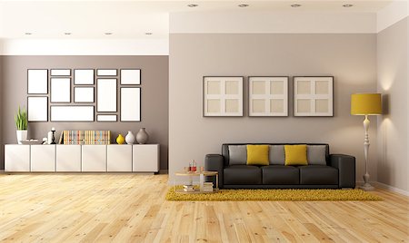 Contemporari living room with brown sofa and sideboard - rendering Stock Photo - Budget Royalty-Free & Subscription, Code: 400-07170215