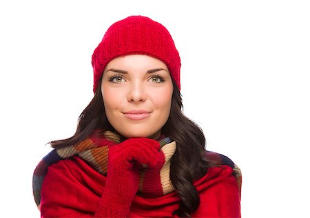 simsearch:400-06462603,k - Happy Mixed Race Woman Wearing Winter Hat and Gloves Isolated on White Background Stock Photo - Budget Royalty-Free & Subscription, Code: 400-07170557