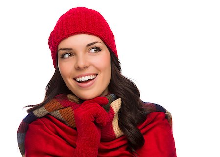 simsearch:400-06462603,k - Happy Mixed Race Woman Wearing Winter Hat and Gloves Looking to the Side Isolated on White Background Stock Photo - Budget Royalty-Free & Subscription, Code: 400-07170558