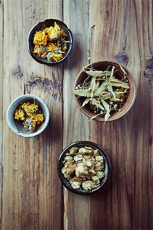 Dried marigold flowers, linden blossoms and hops for herbal tea Stock Photo - Budget Royalty-Free & Subscription, Code: 400-07170568