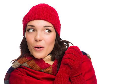 simsearch:400-06462603,k - Happy Mixed Race Woman Wearing Winter Hat and Gloves Looking to the Side Isolated on White Background. Stock Photo - Budget Royalty-Free & Subscription, Code: 400-07170560