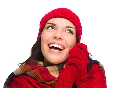 simsearch:400-06462603,k - Happy Mixed Race Woman Wearing Winter Hat and Gloves Looking to the Side Isolated on White Background. Stock Photo - Budget Royalty-Free & Subscription, Code: 400-07170561